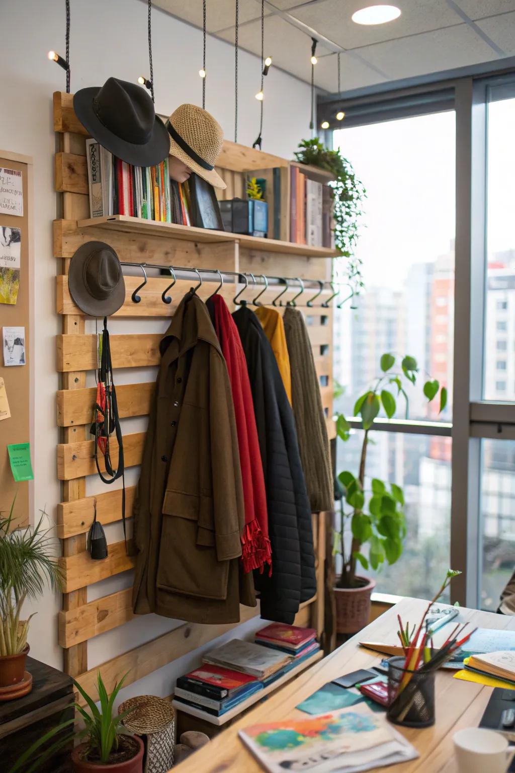 A creative DIY wall-mounted clothing rack taking center stage in a workspace.