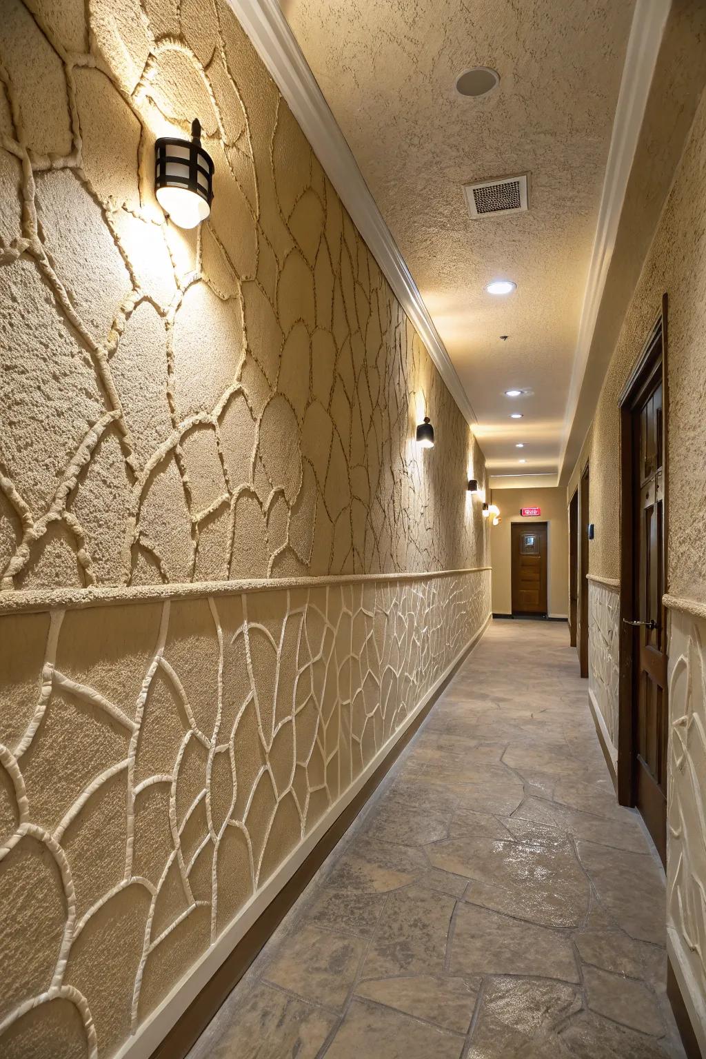 Textured porous effect introducing dimension to a passageway wall.