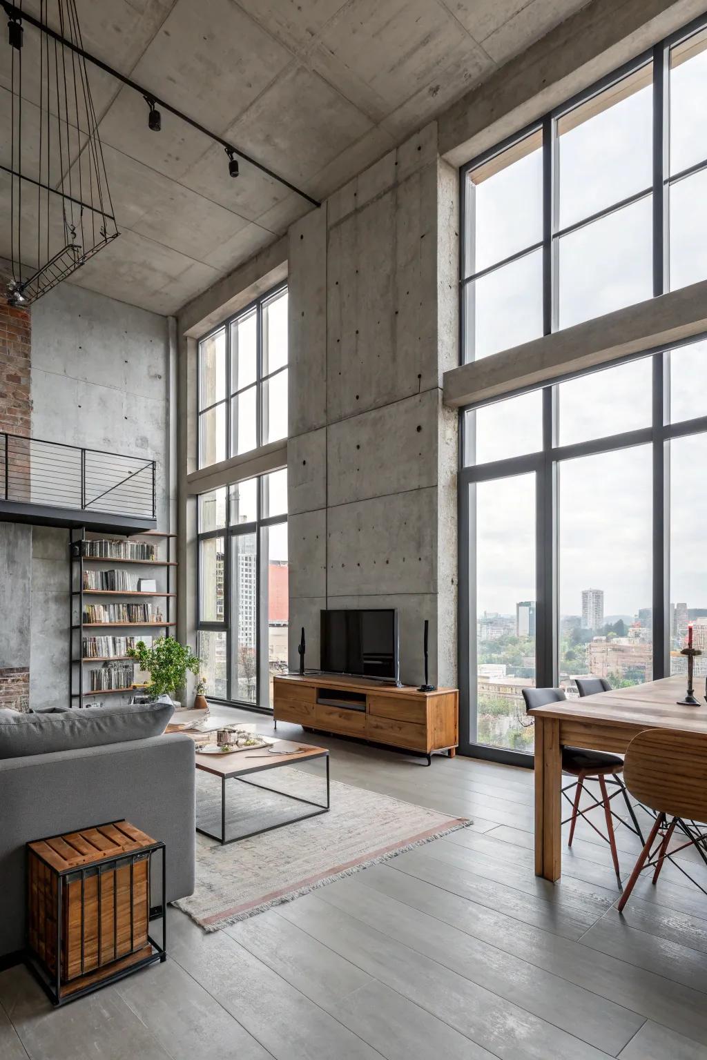 Architectural coatings introduce a raw, industrial aesthetic to loft-style spaces.