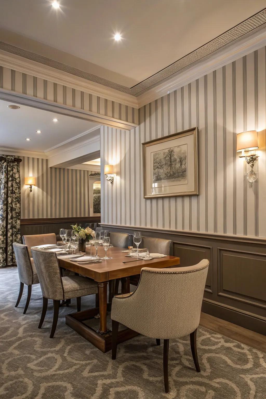 A sophisticated dining room enhanced by a ribbon wallpaper edging.