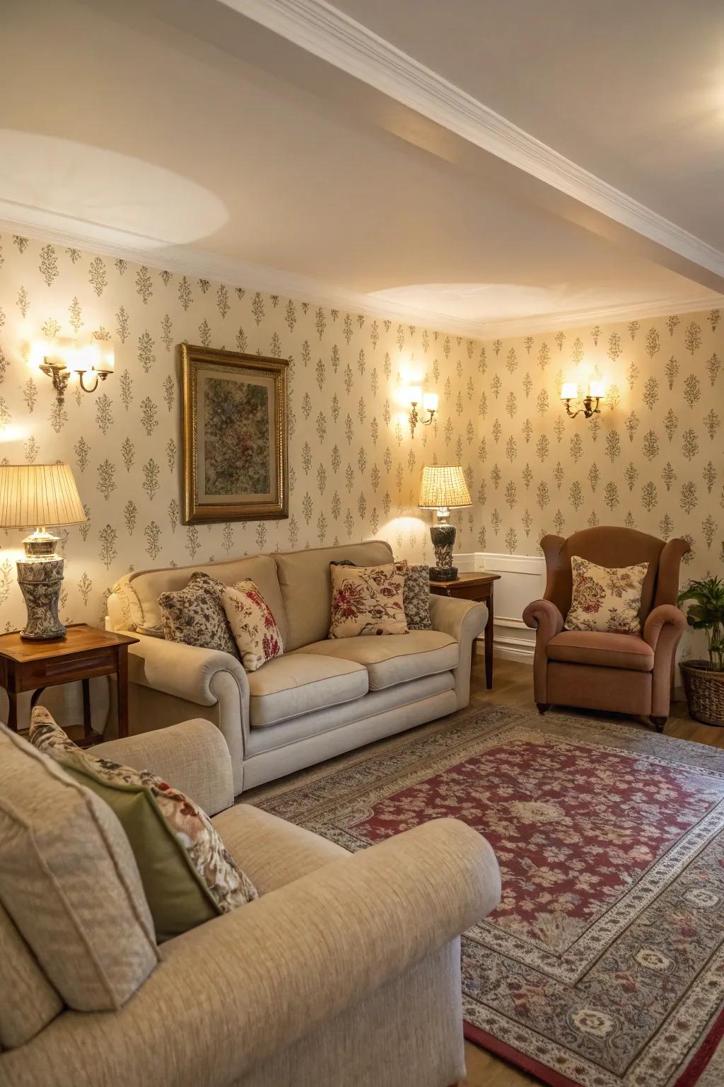 Enhance warmth with inviting furnishings that complement your wallpaper.