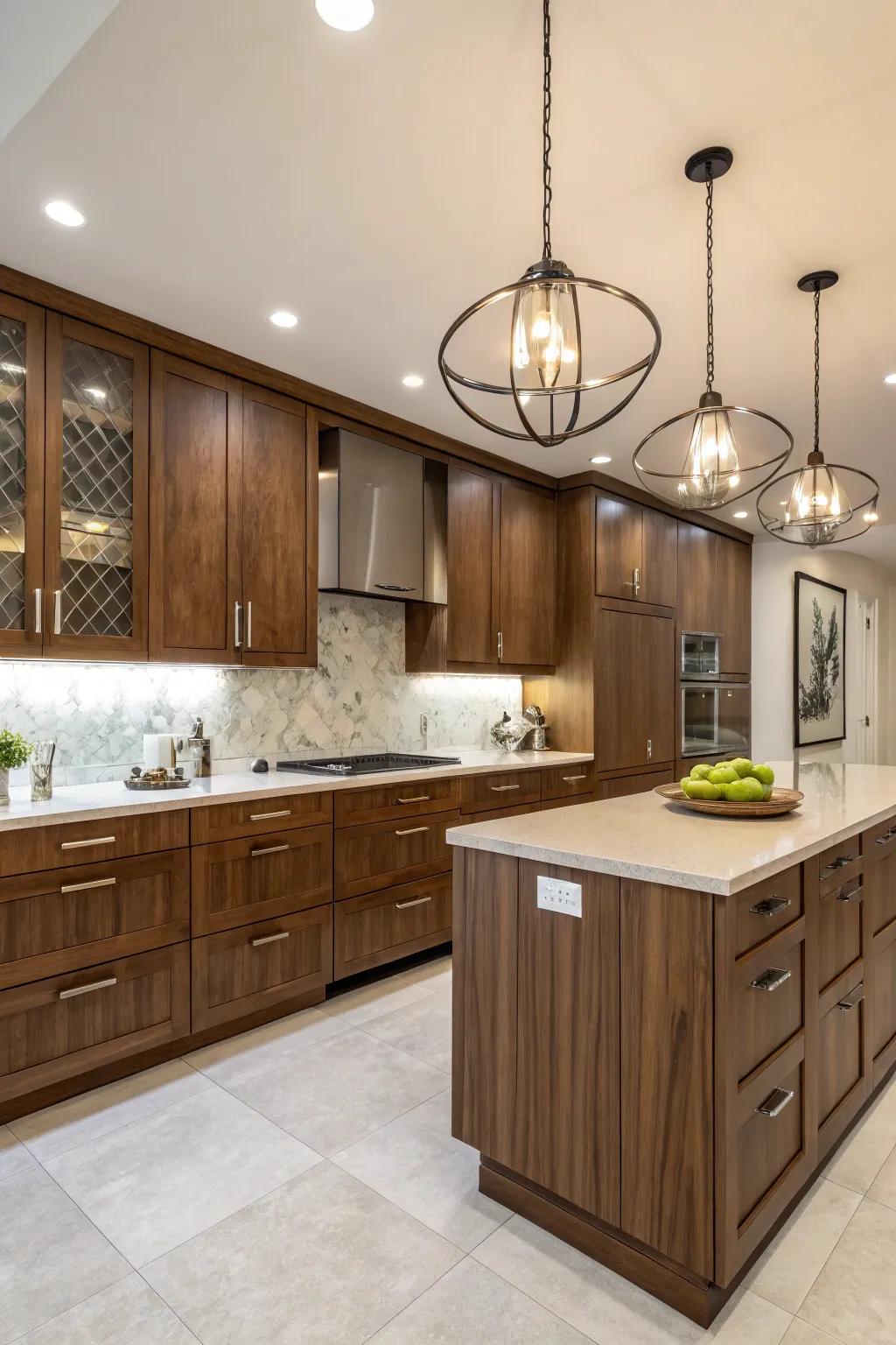Modern fixtures illuminate the elegance of hickory cabinets.