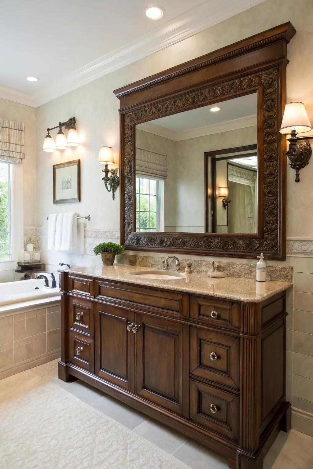 Boost your bathroom’s refinement using an eye-catching ornamental reflector.