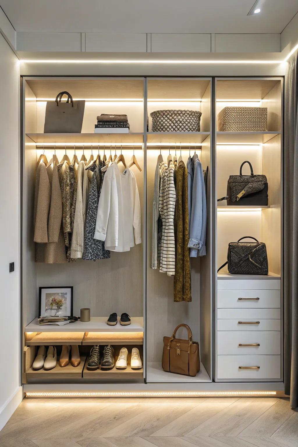 Integrated lighting enhances wardrobe functionality.