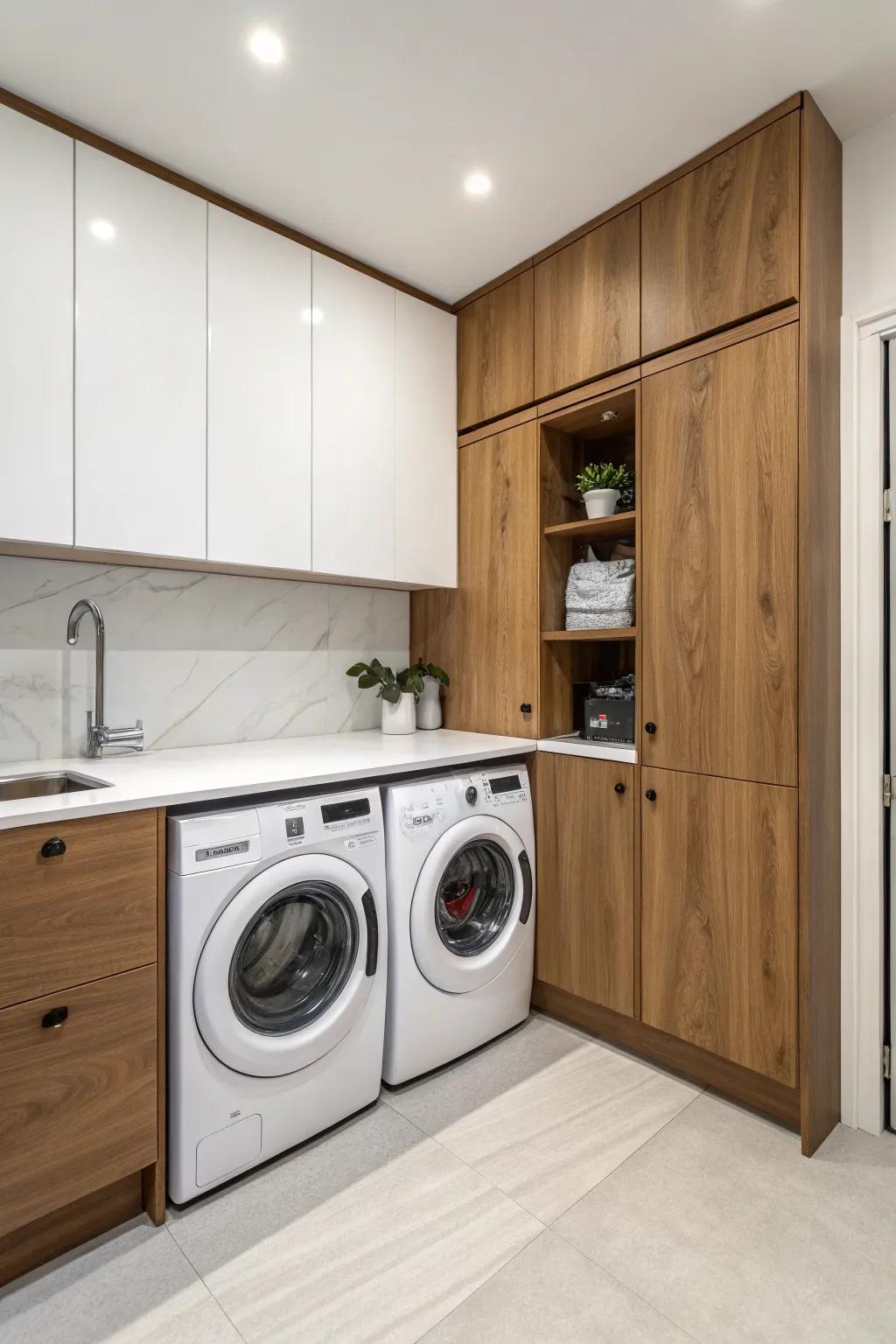 Efficient utilization of a kitchen corner for a washer and dryer setup.