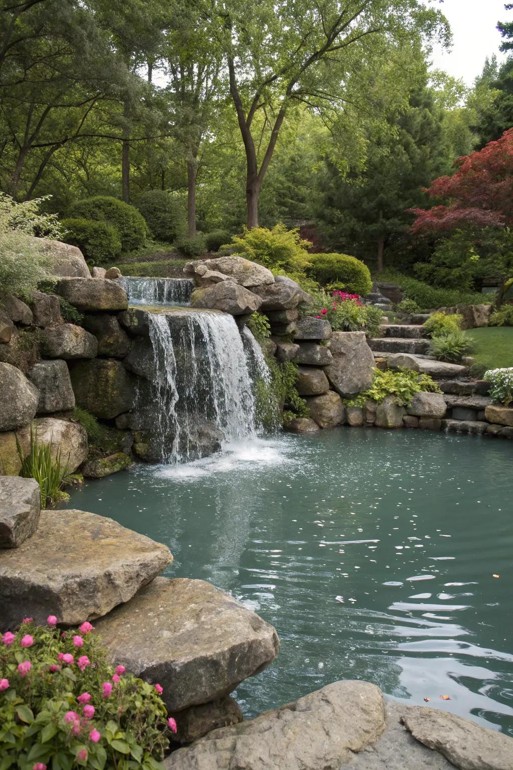 A serene garden pond featuring a stone waterfall gently flowing into it.