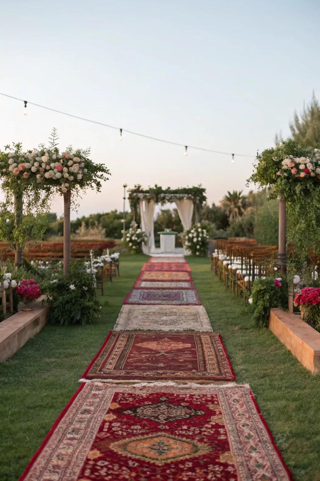 A vibrant and layered path with richly patterned carpets.