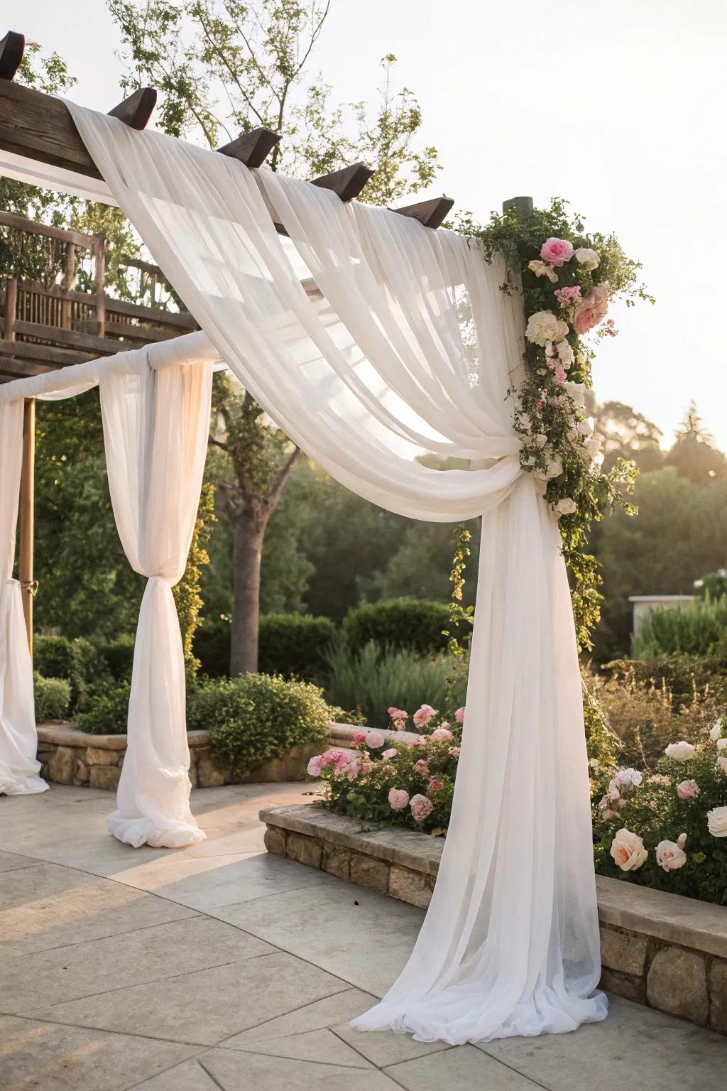 An ethereal arch with flowing chiffon material for a romantic touch.