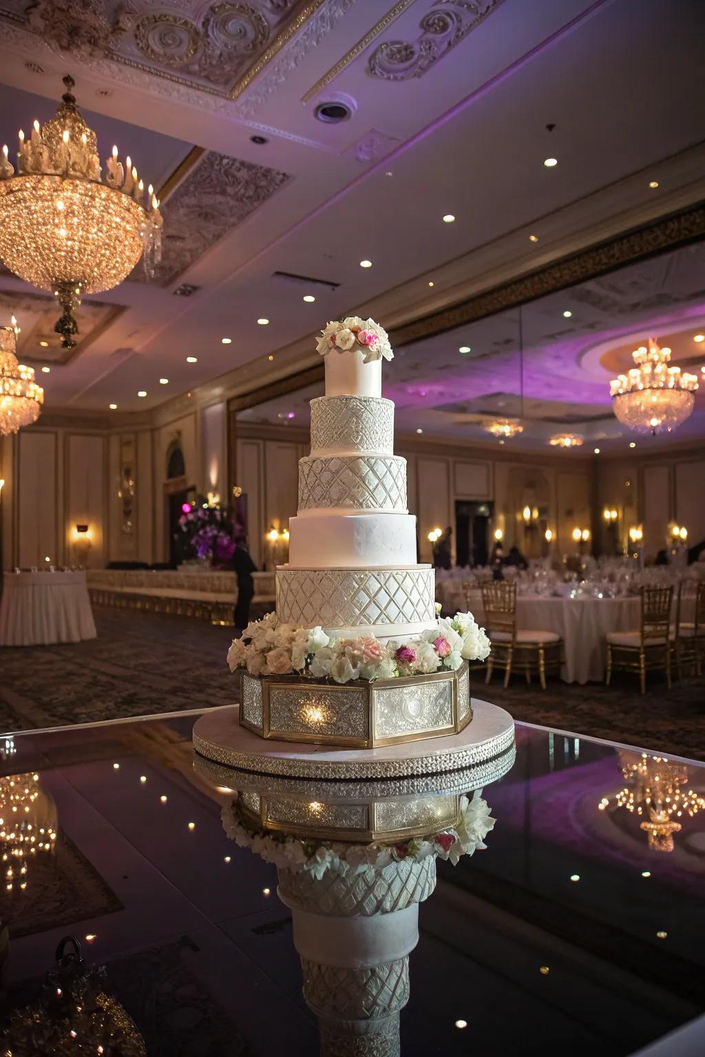 A wedding cake beautifully mirrored on a reflective surface.