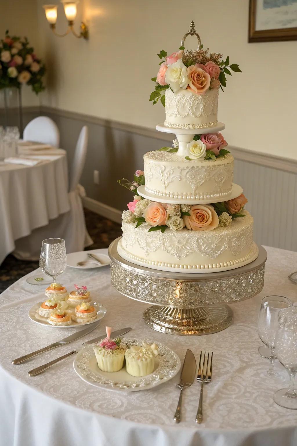 A tiered stand emphasizes the cake's sophistication.
