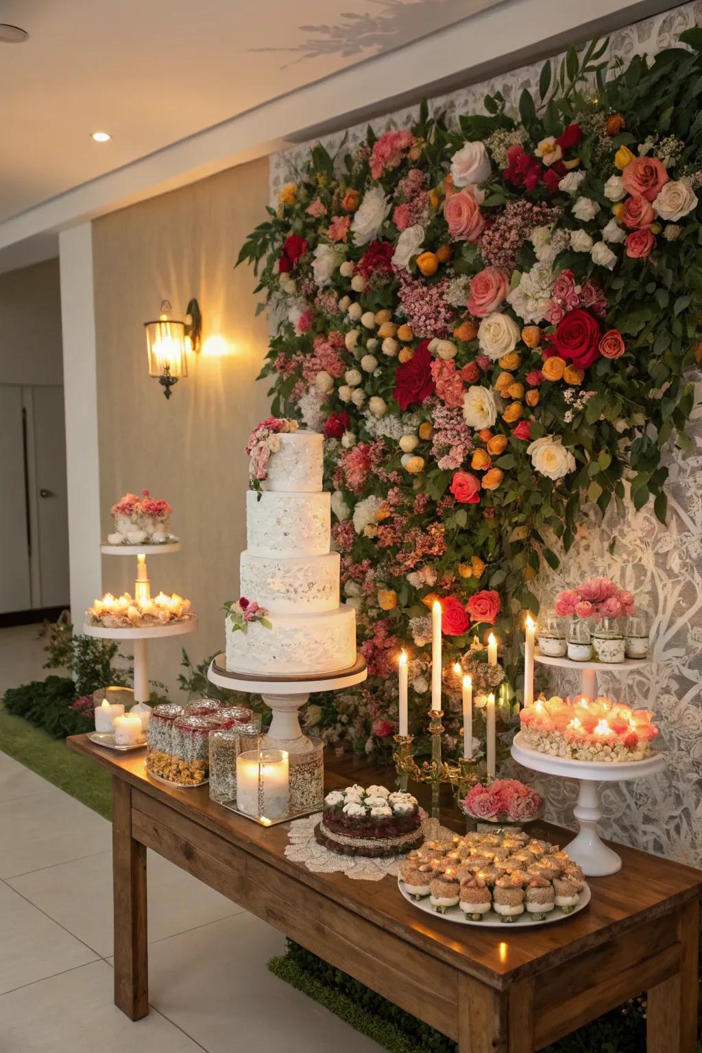A wedding cake arrangement accentuated by a remarkable bloom-laden panel back scene.