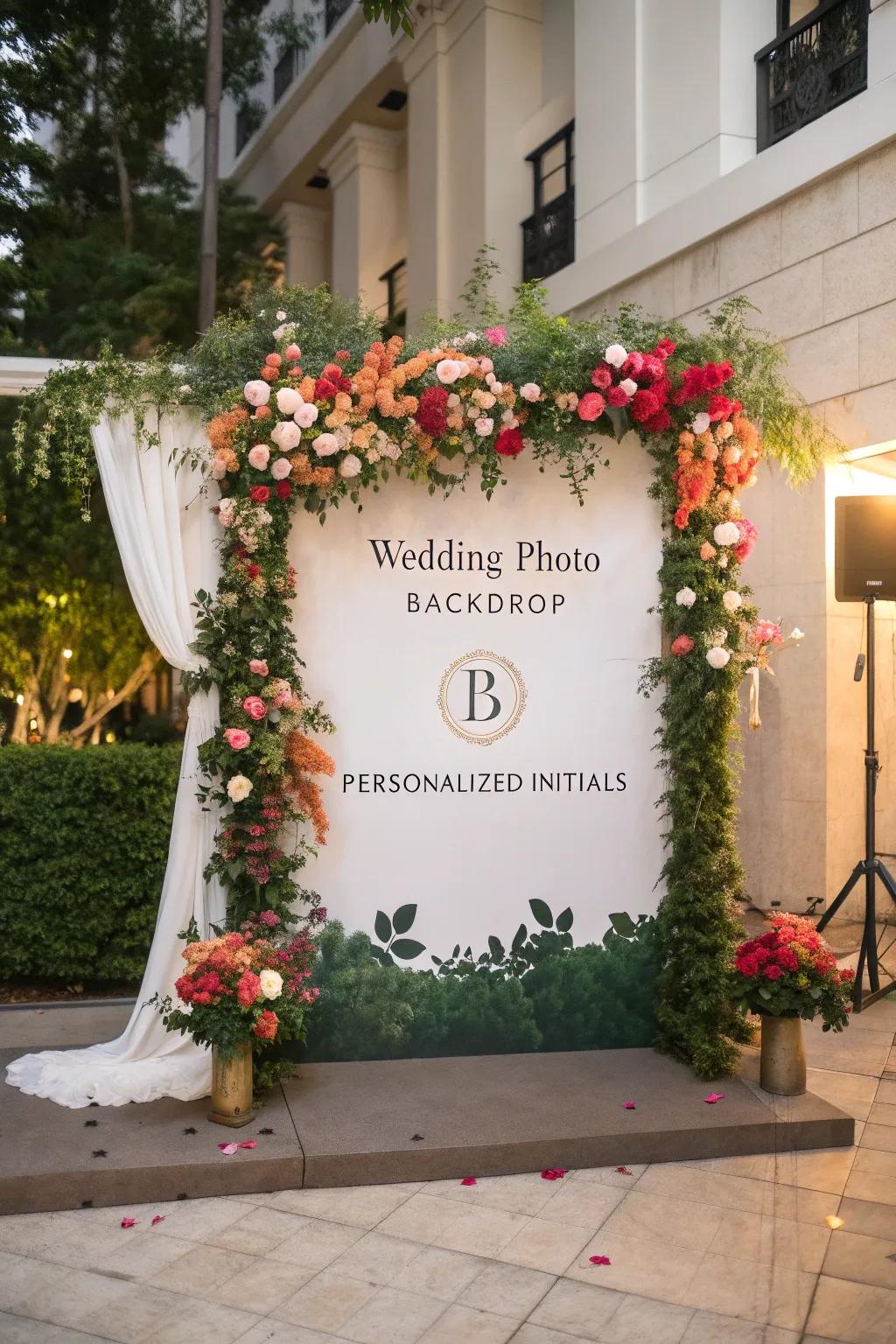A stylish wedding photo backdrop embellished with blooms and custom initials.