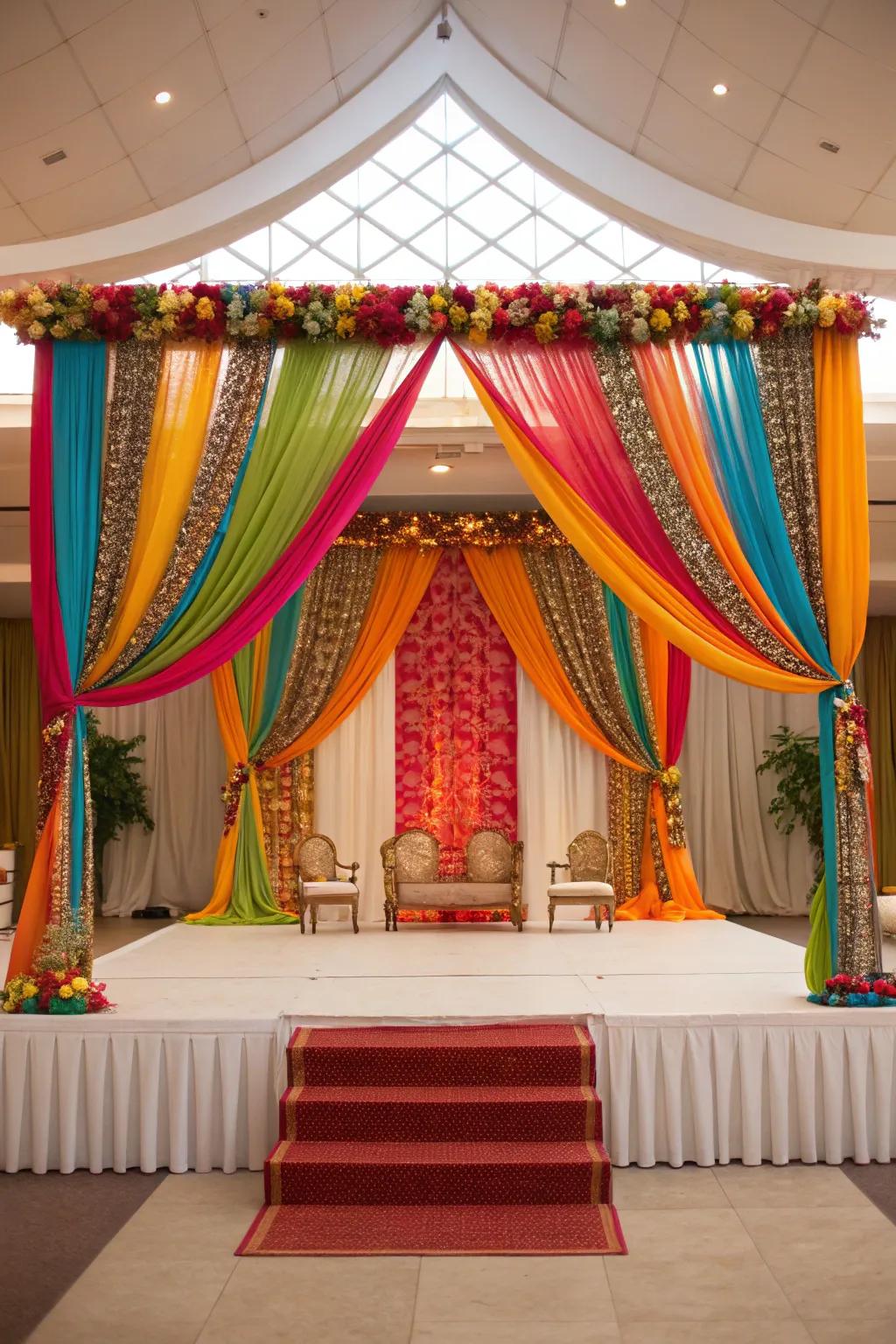 Amplify your wedding palette using vibrant cloth backdrops.