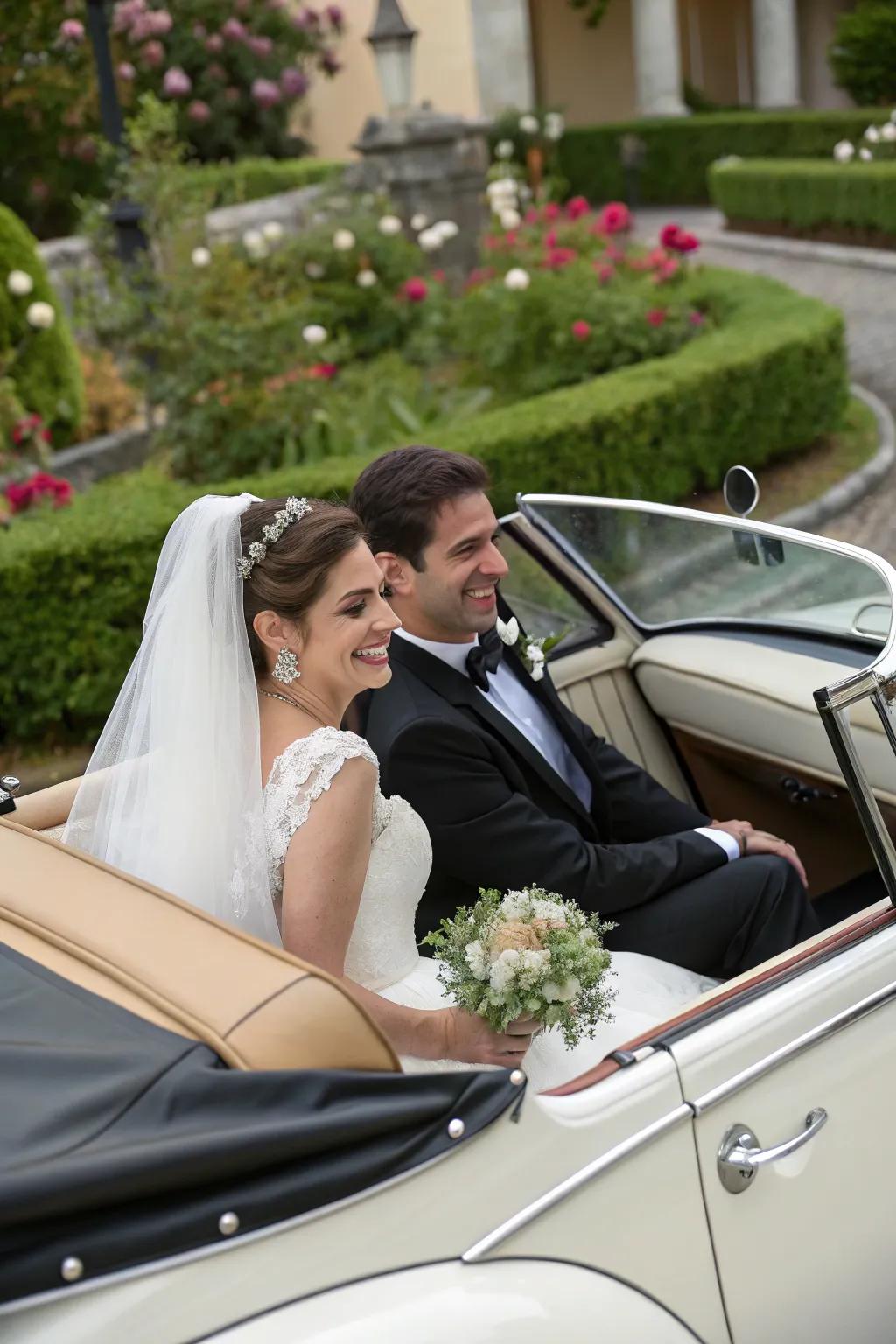 A couple arrives in a classic automobile, adding a timeless detail to their entrance.