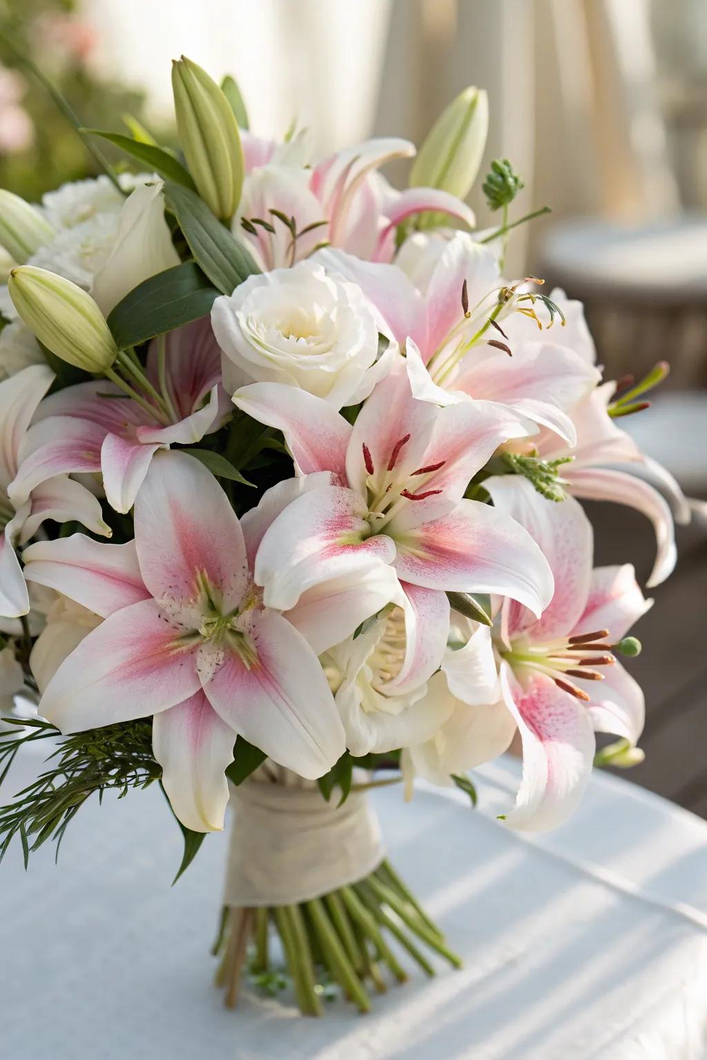 A modern lily bouquet with a touch of sophistication.