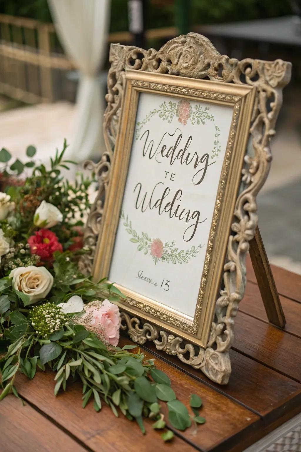 A timeless border introduces a touch of glamour to wedding signage.