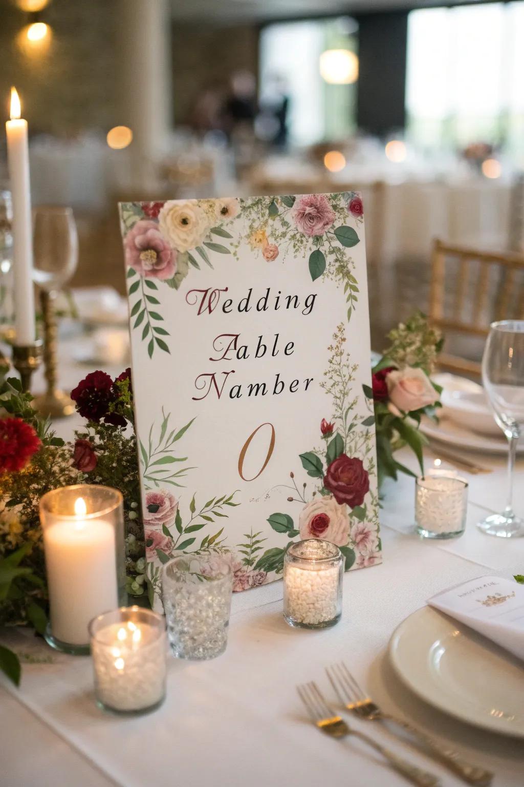 Blended media table markers present an inventive and artistic expression.
