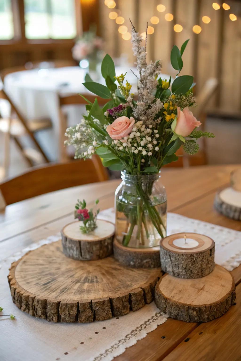 Wood slices contribute natural height and texture to any centerpiece.