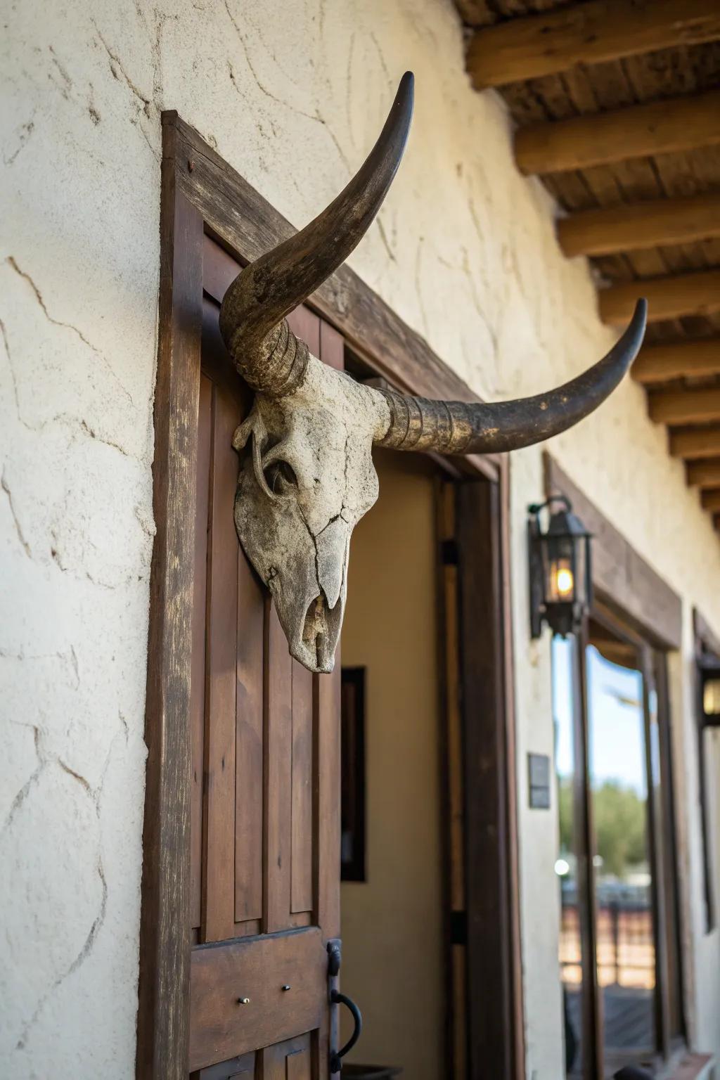 Bull horn mount elegantly displayed above a doorway.