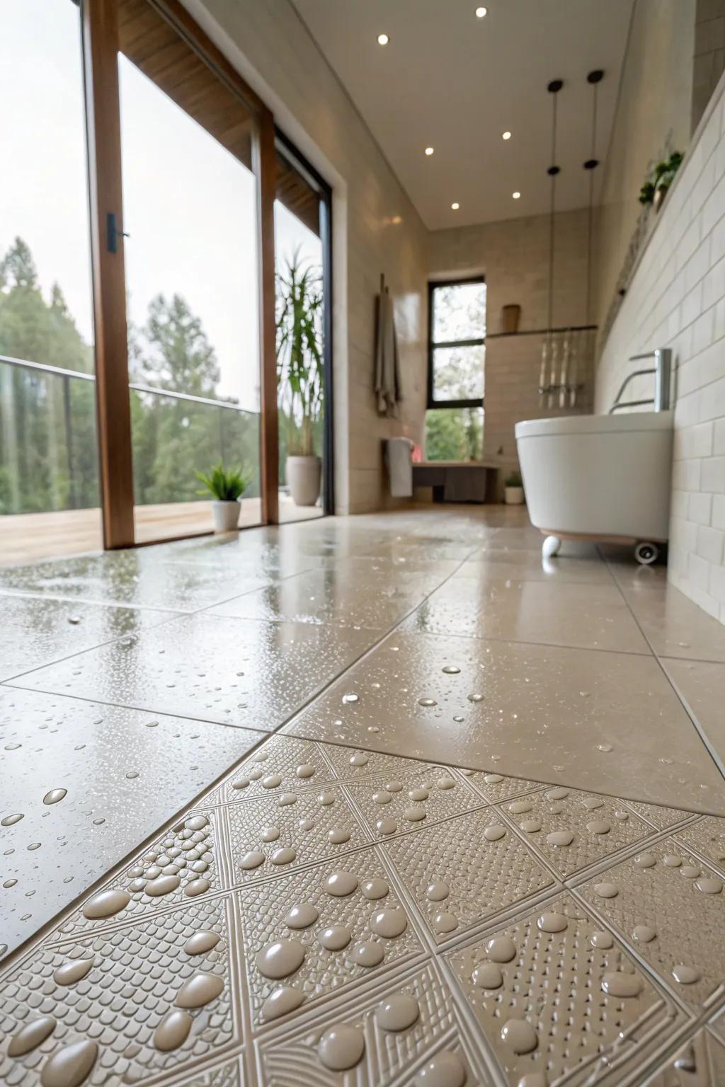 Etched slabs amplify safety, maintaining an elegant visual appeal.