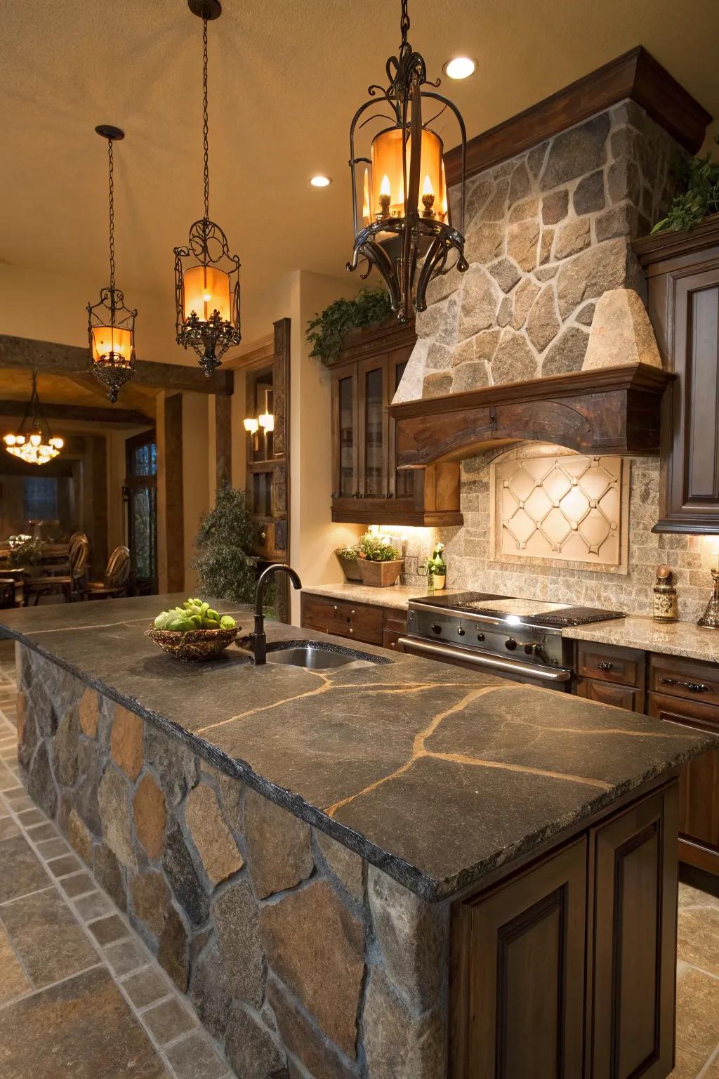 Lava stone countertops introduce a rustic yet opulent sensation to your culinary space.