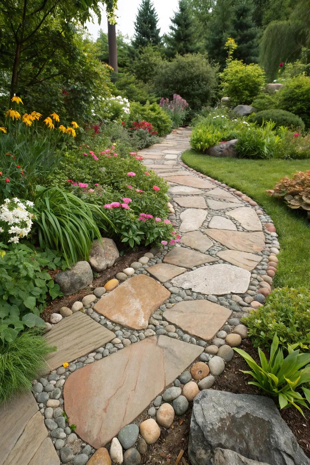 Ornamental stones infuse texture and uniqueness into a flagstone path.