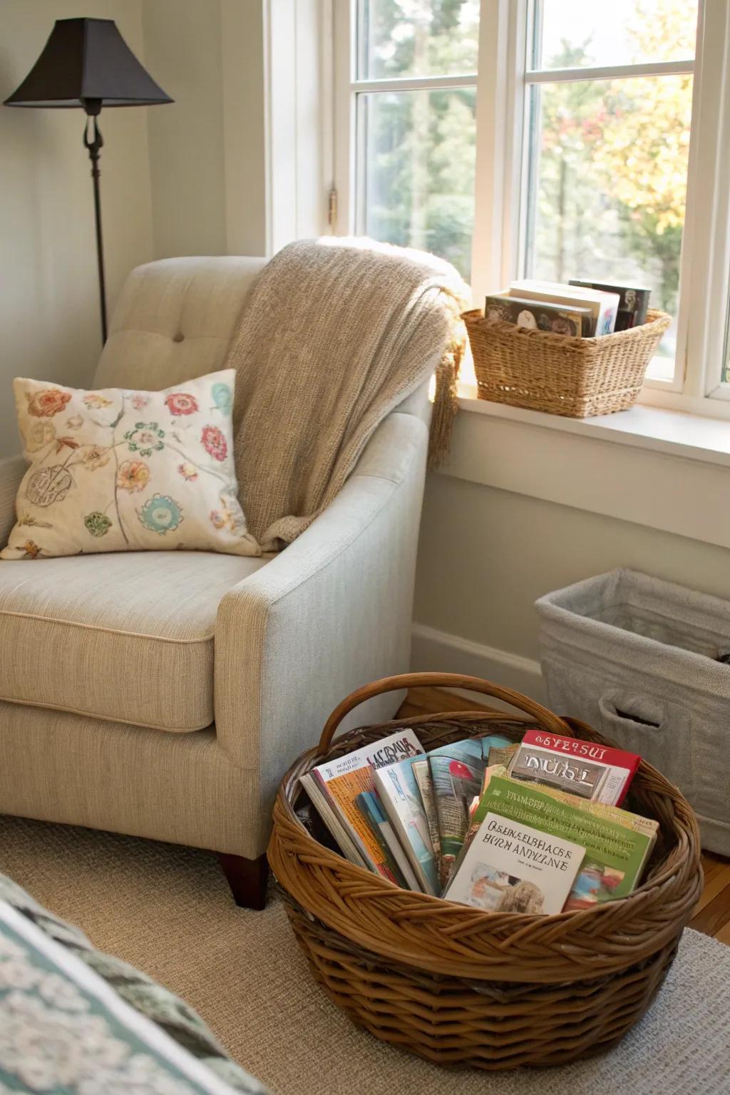 Construct a reading corner featuring a basket loaded with your go-to magazines and books.