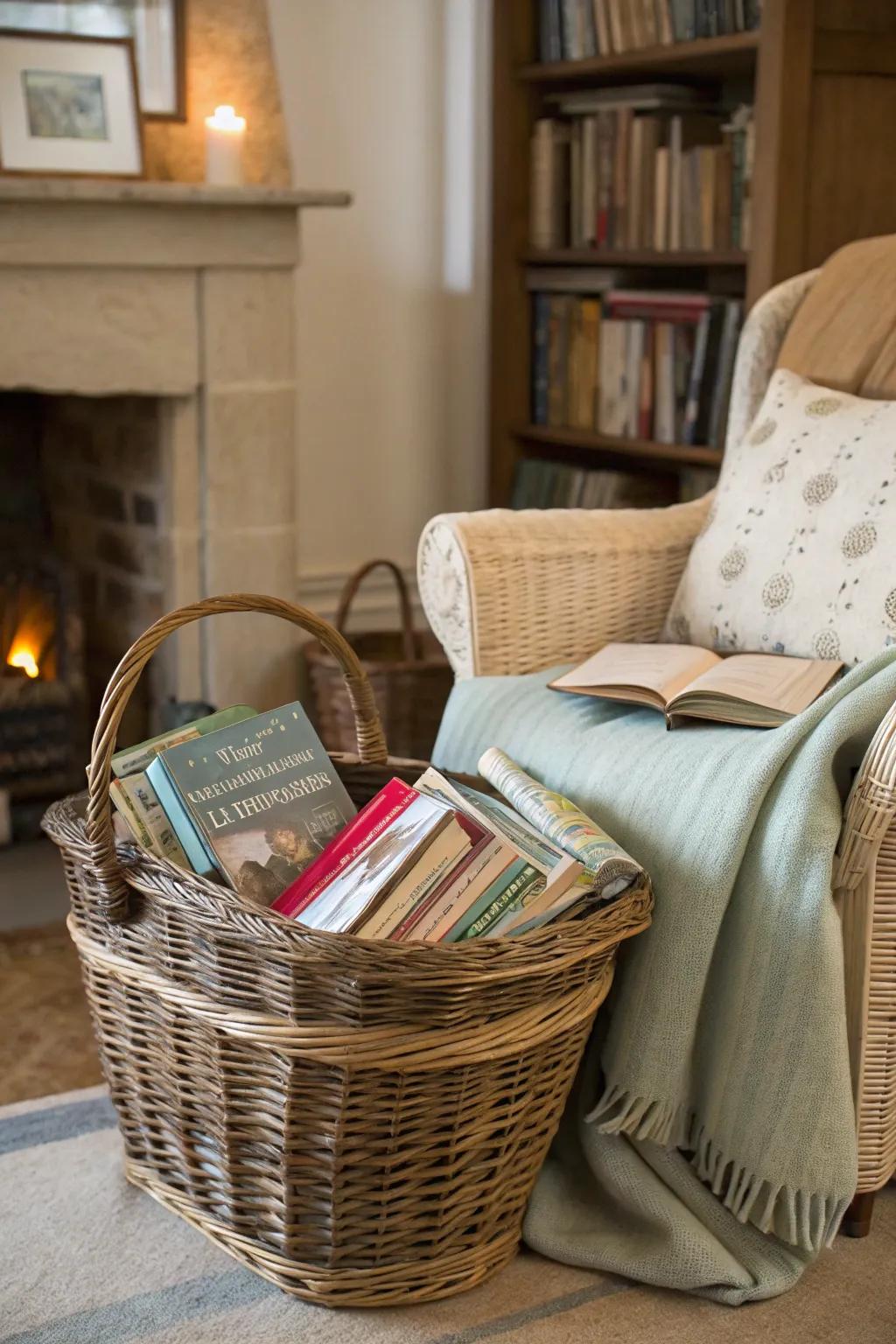 A basket piled with books conjures an inviting novelty nook in any given space.