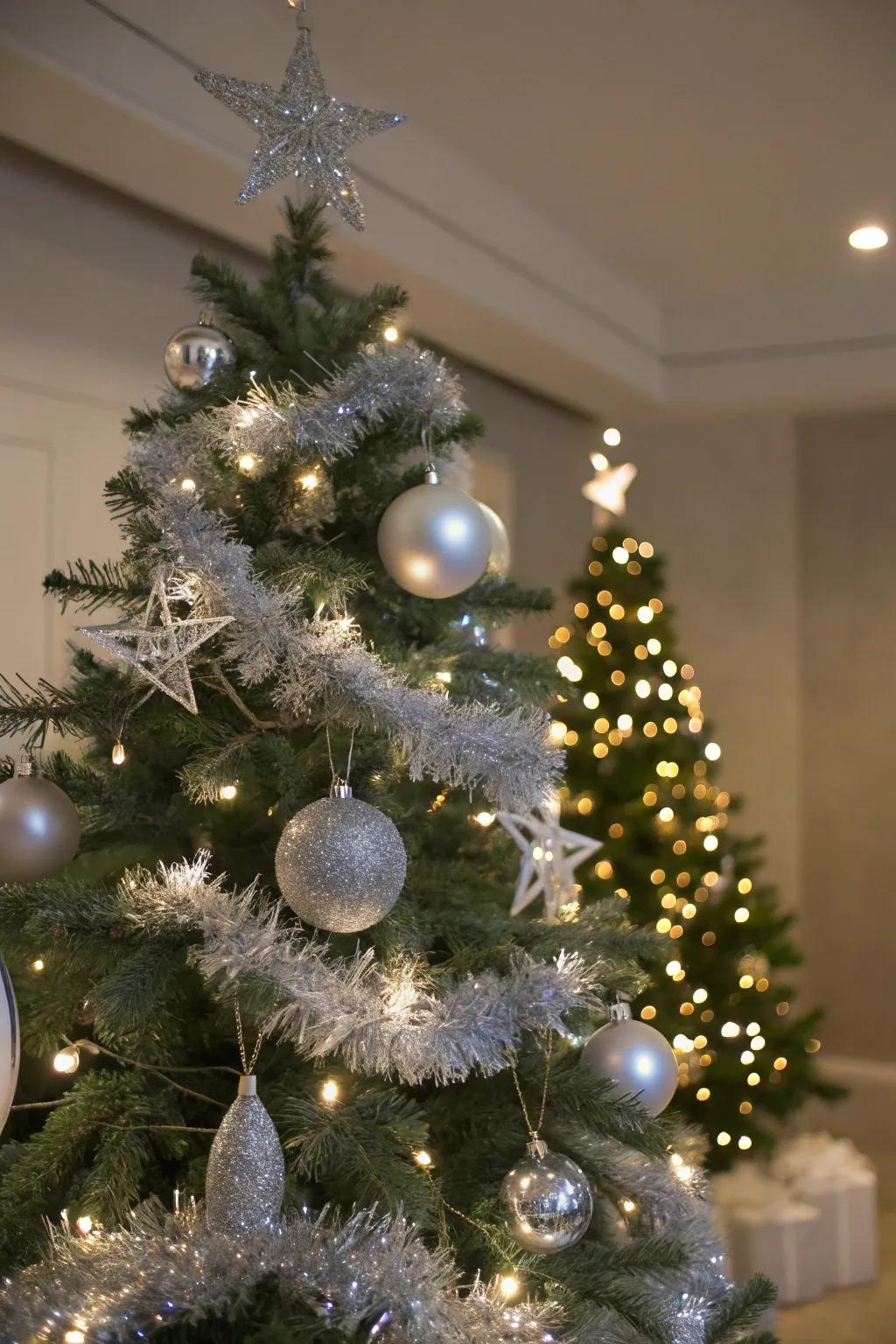 Crisp white lights impart a frosty sheen to the tree.