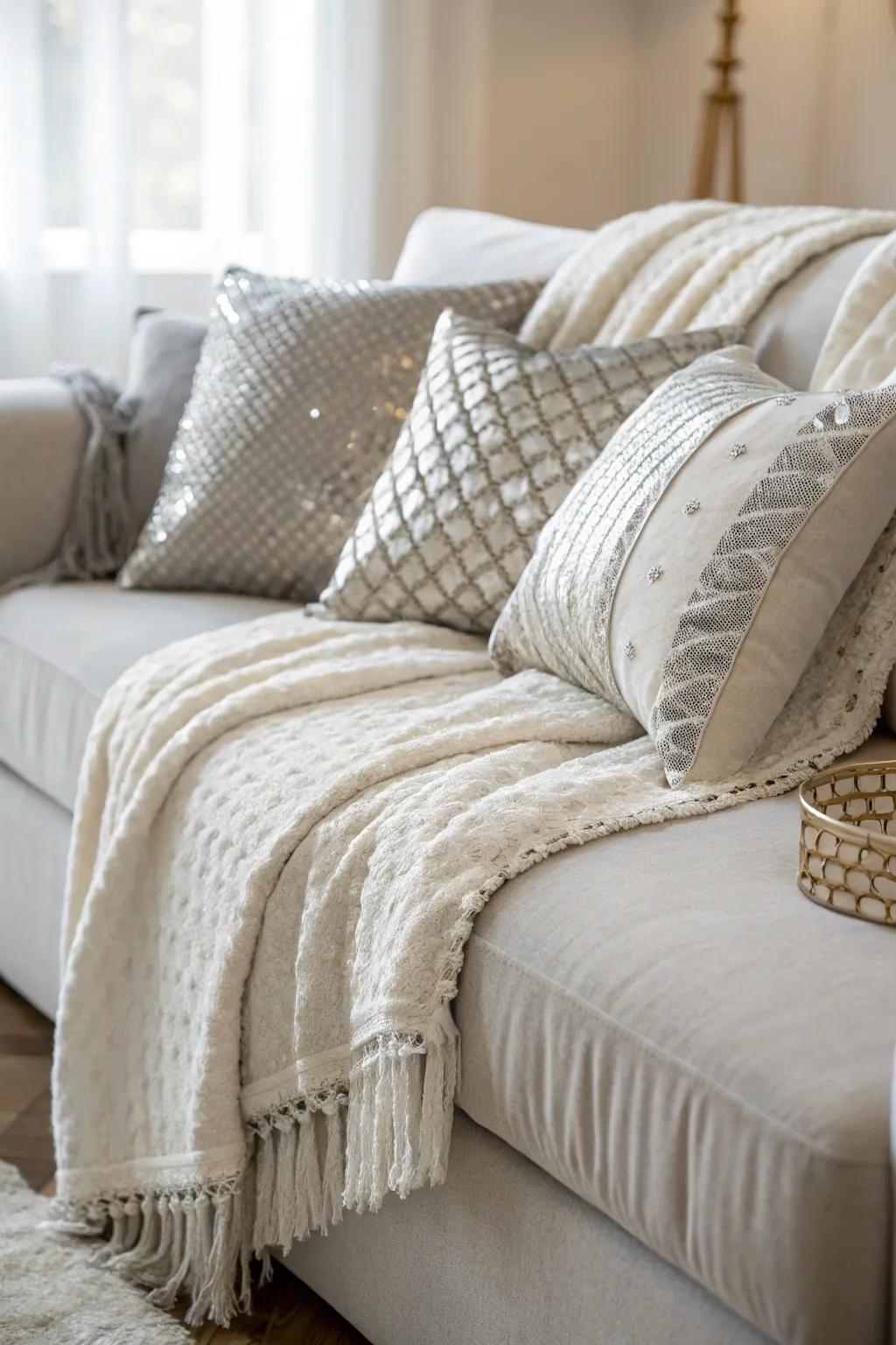 Incorporate snug polish utilizing textural ivory and silver blankets and cushions.