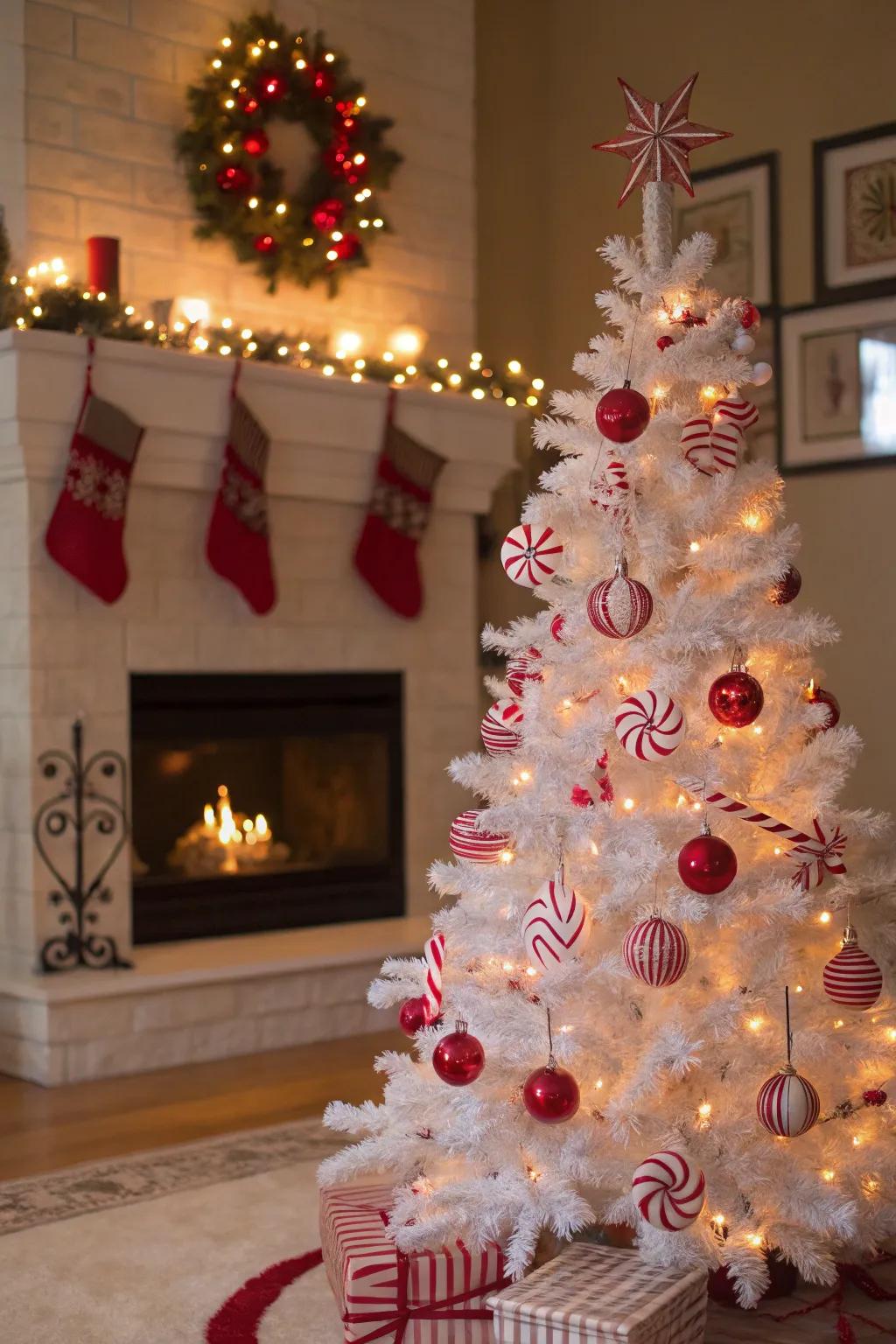 A playful sugar stick theme imparting enjoyment to a snow-white Christmas tree.