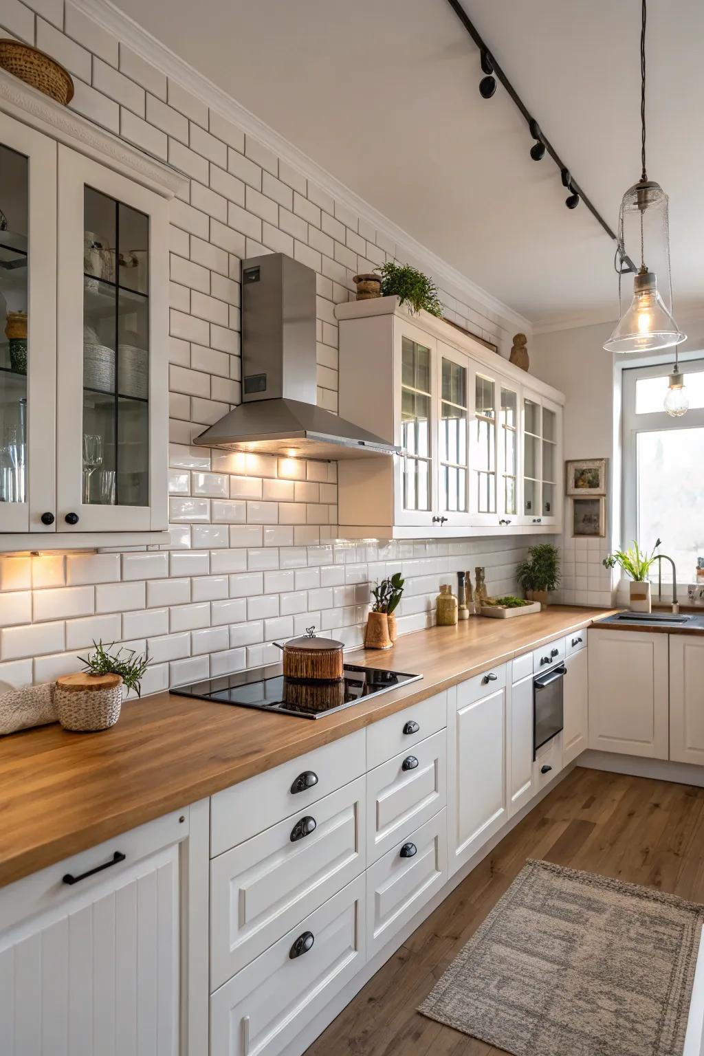 Brick tiles add classic elegance to the kitchen space.
