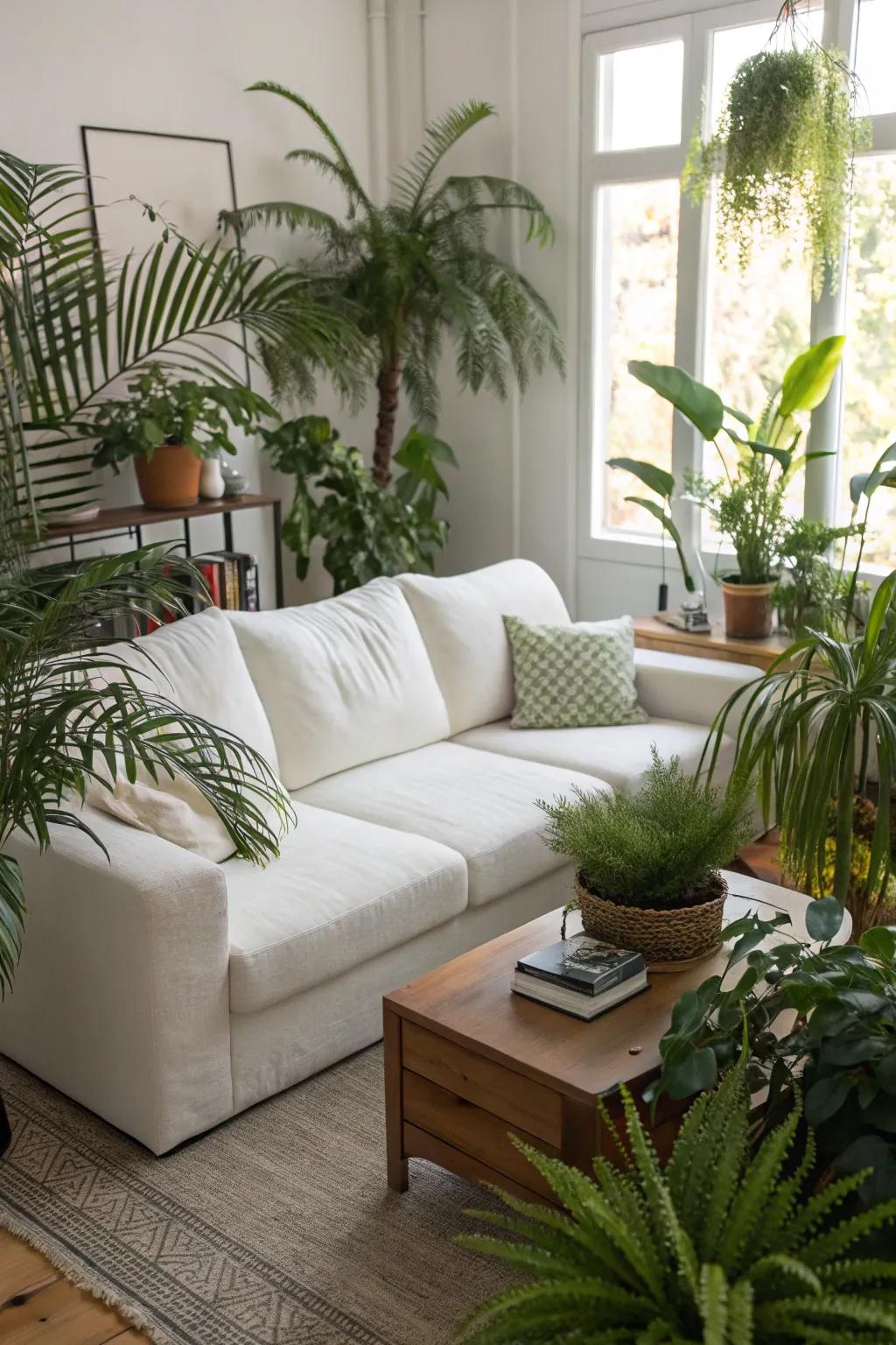 Abundant verdure complements a creamy white sectional.