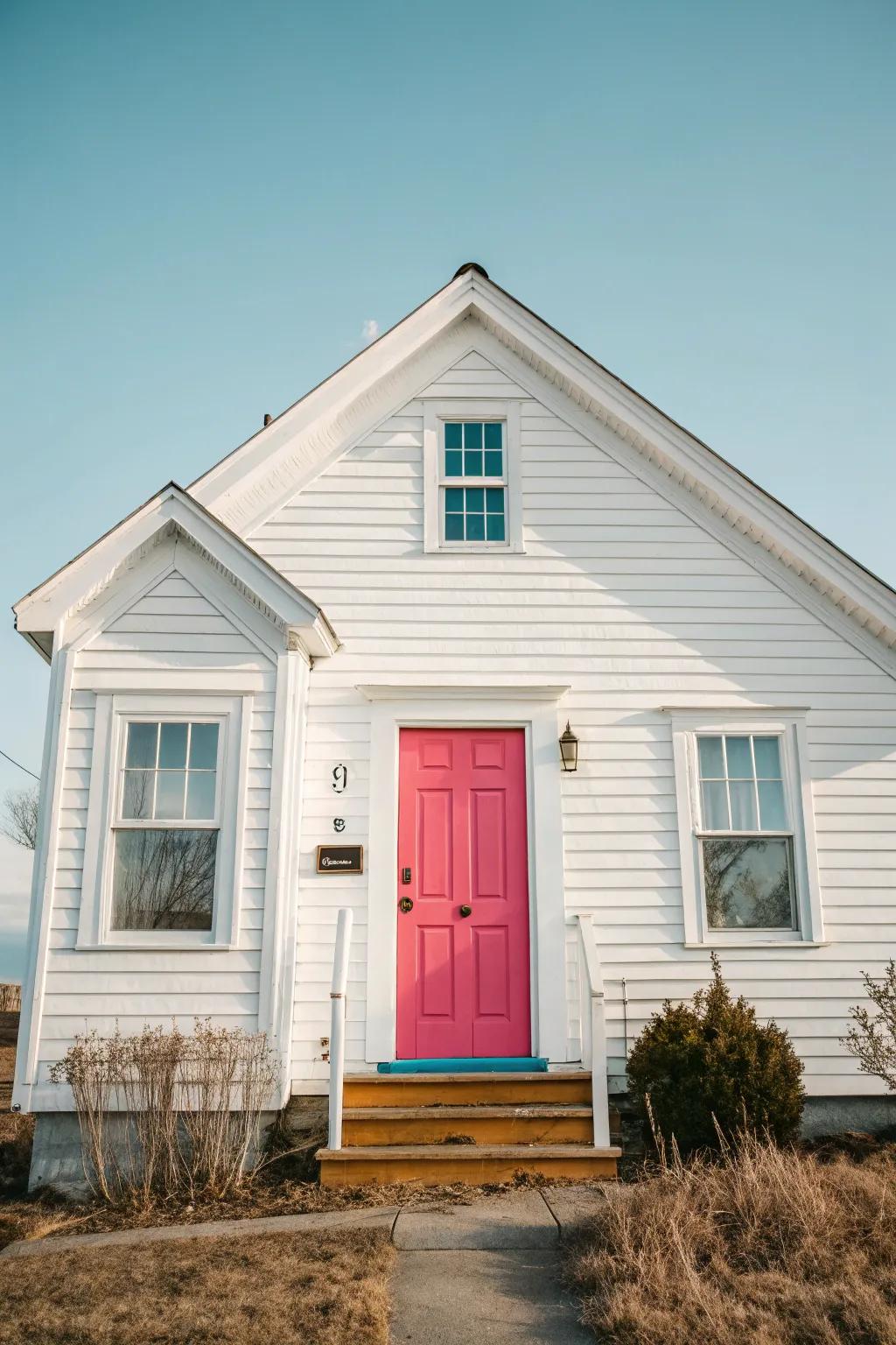 A white vinyl siding house with a cheerful, brightly colored front door.