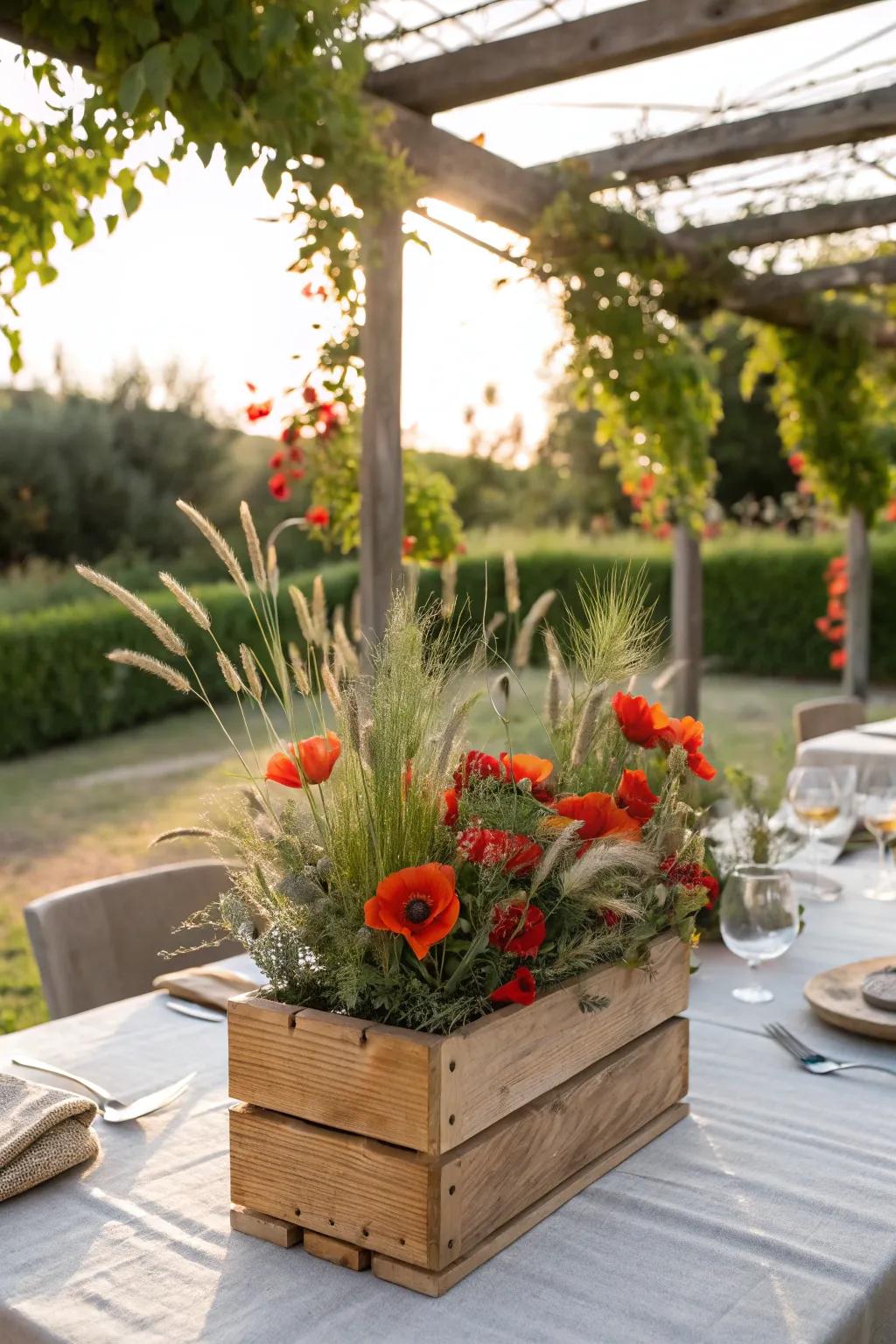 A timber box functions as a pastoral vessel for a wildflower set.