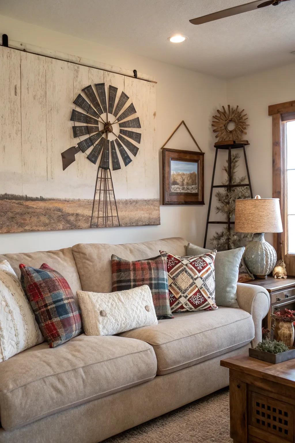 Pinwheel artwork components exquisitely accentuate family room decor.