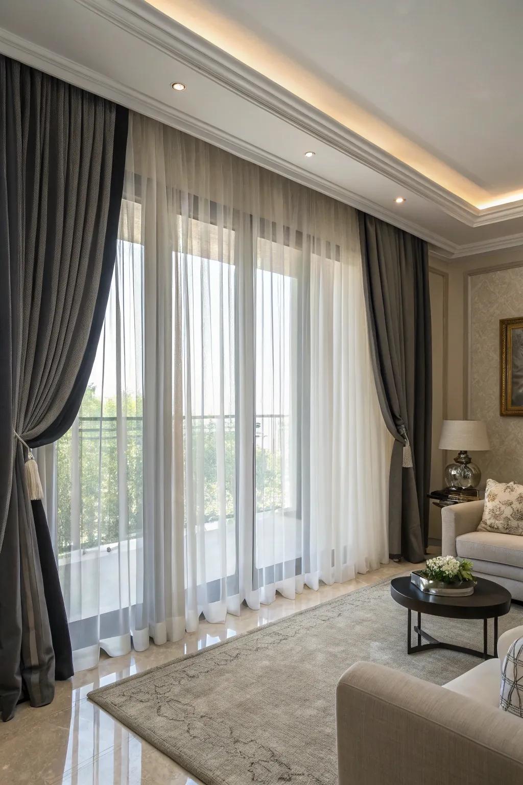 Layered window drapes provide a luxurious and versatile solution.