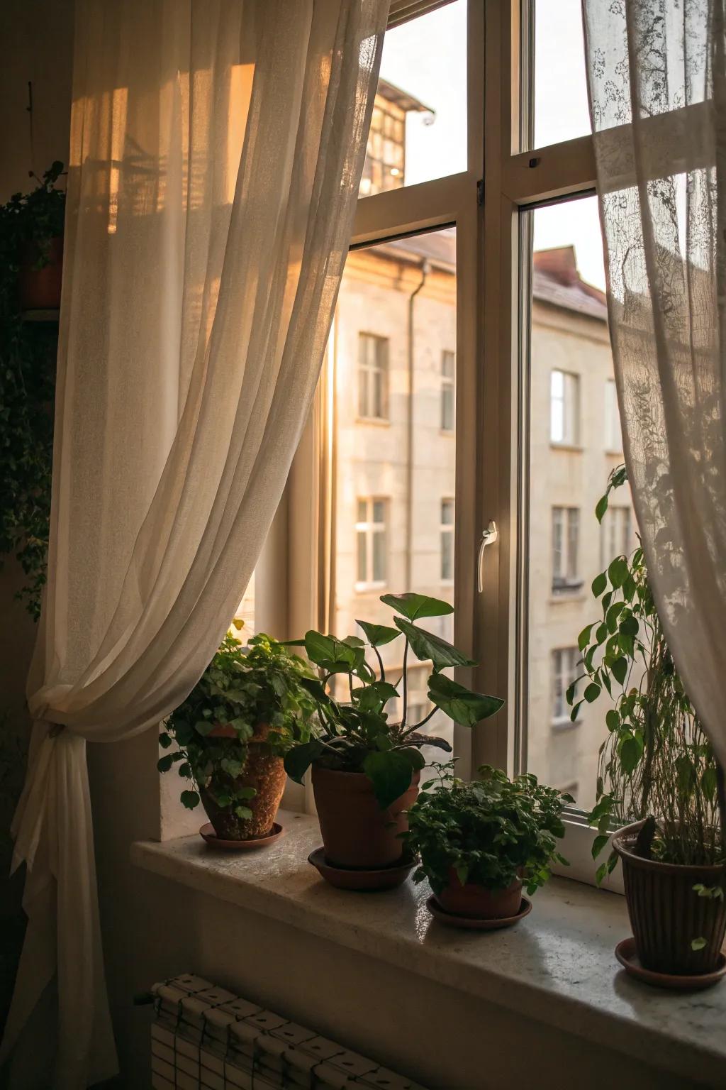 Ornamental components like drapes and flora elevate this window.