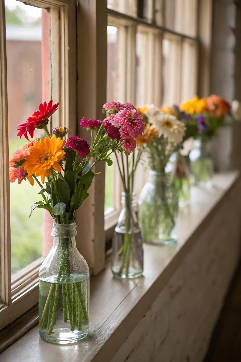 Vases brimming with flowers inject a burst of color and vitality.