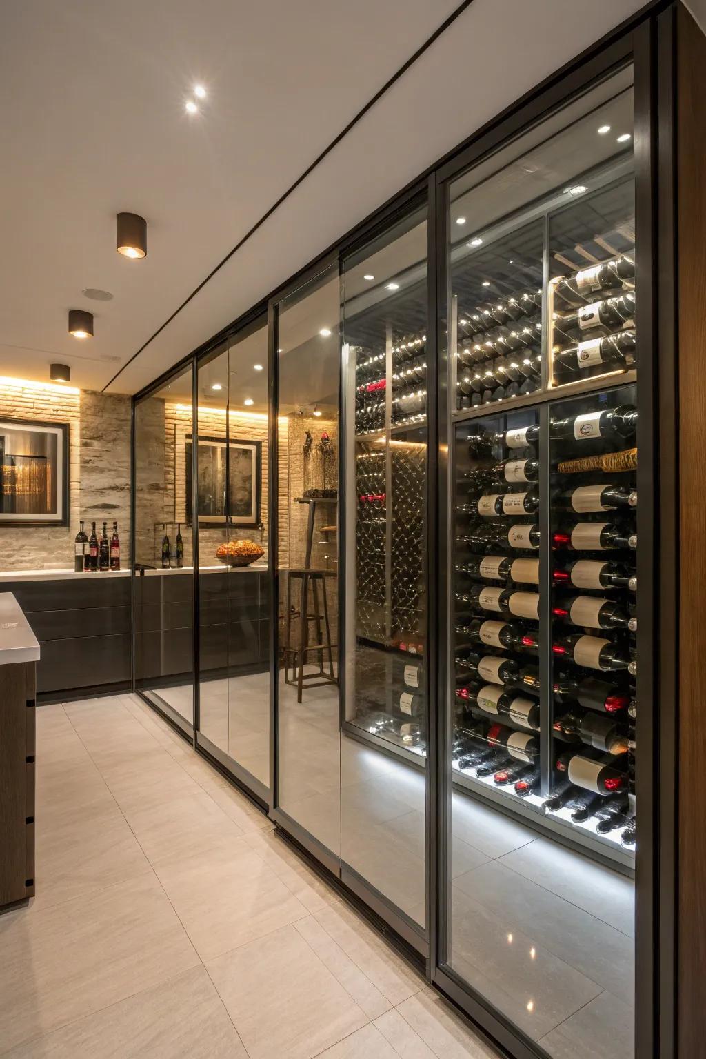 Modern wine cellar with refined transparent encasements.