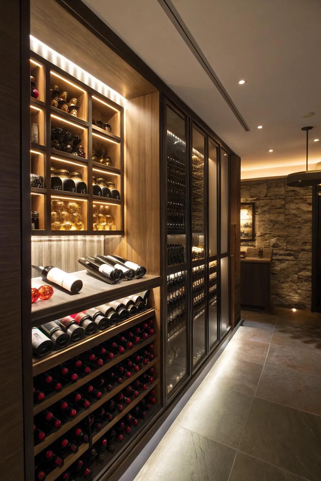 Illuminated shelves converting wine bottles into an appealing display.