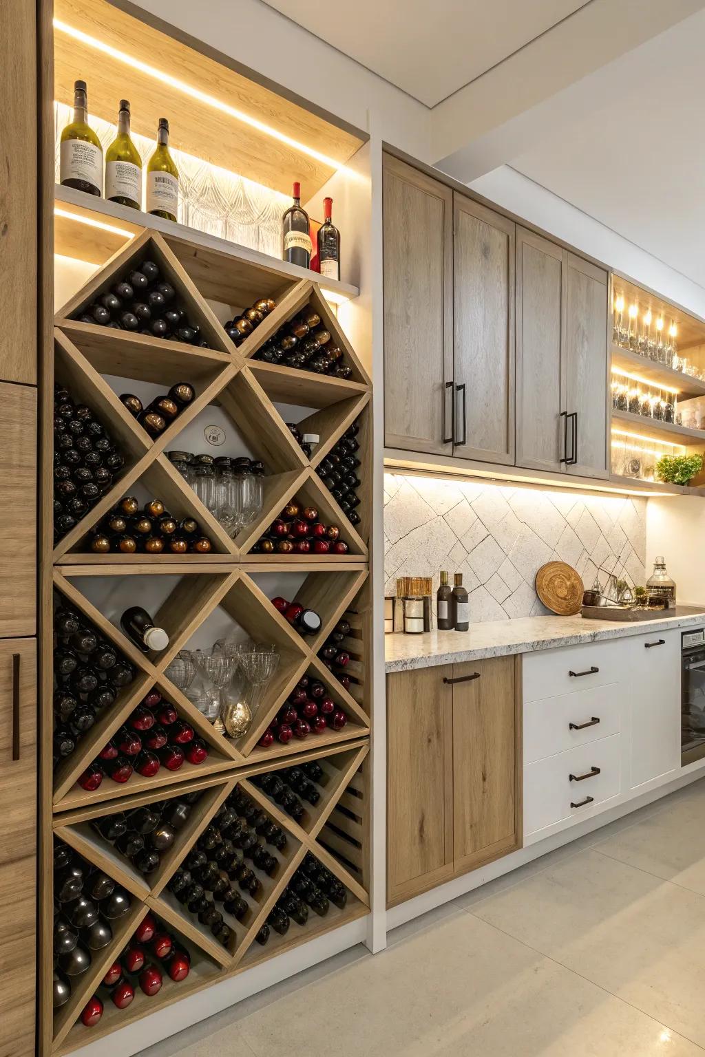 Intersecting shelves deliver both visual appeal and functionality.