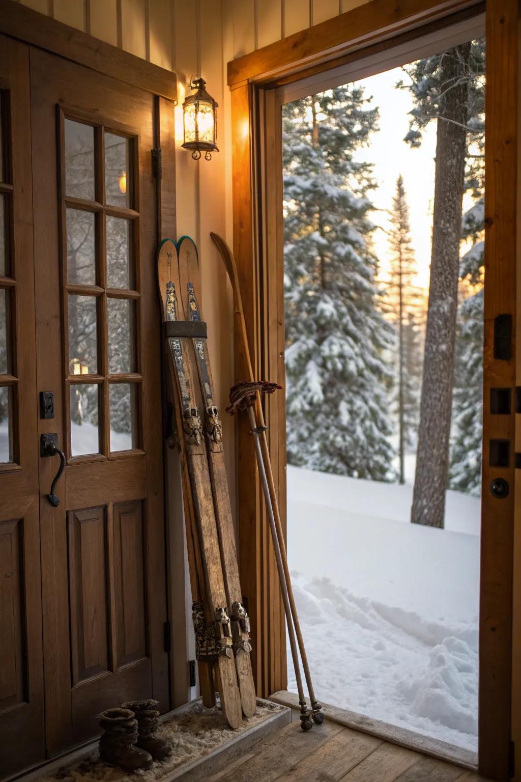 Time-honored skis evoke a snug, homespun mountain cabin sensation.