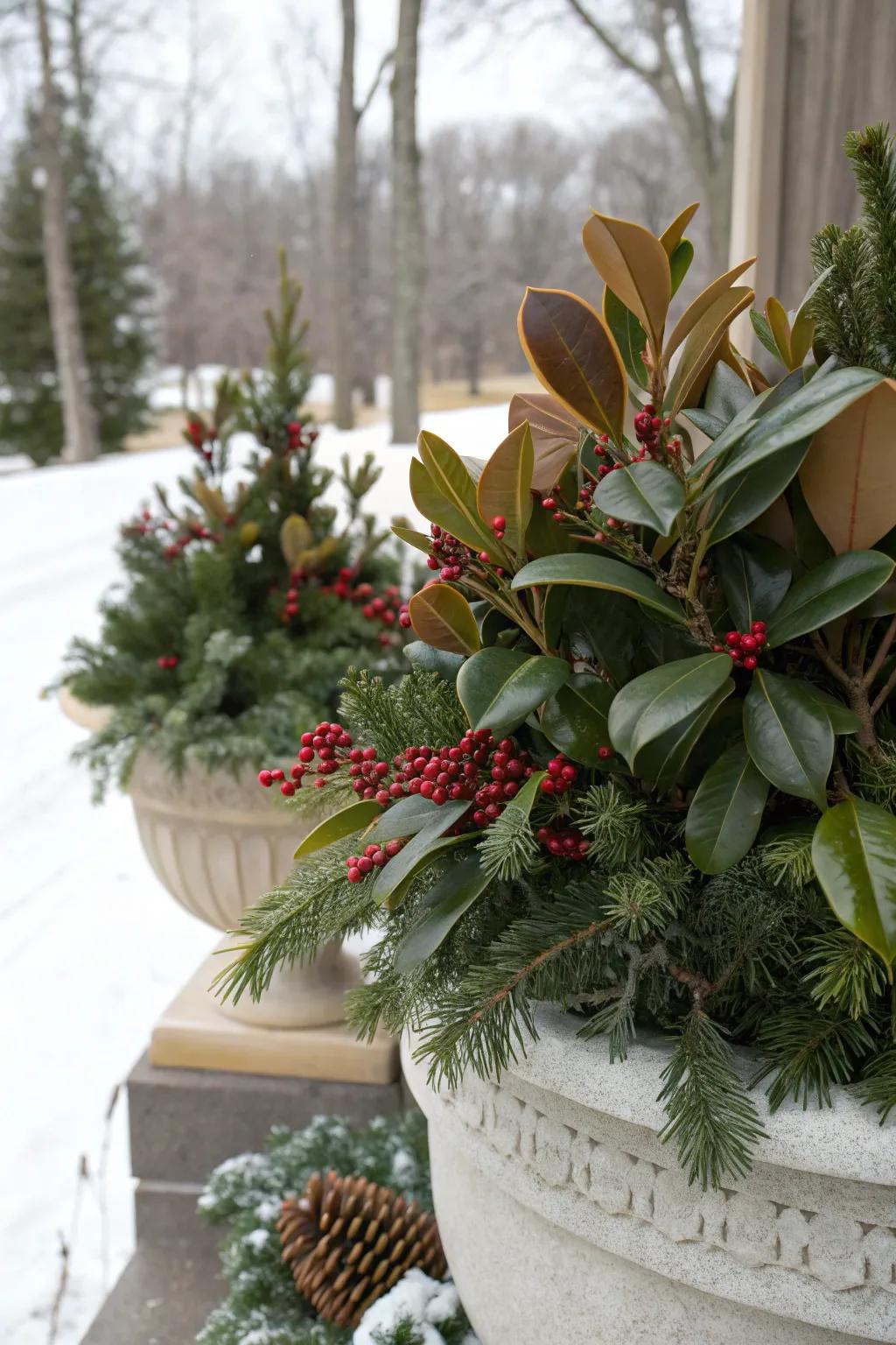 Magnolia foliage brings a hint of elegance with its striking contrast.