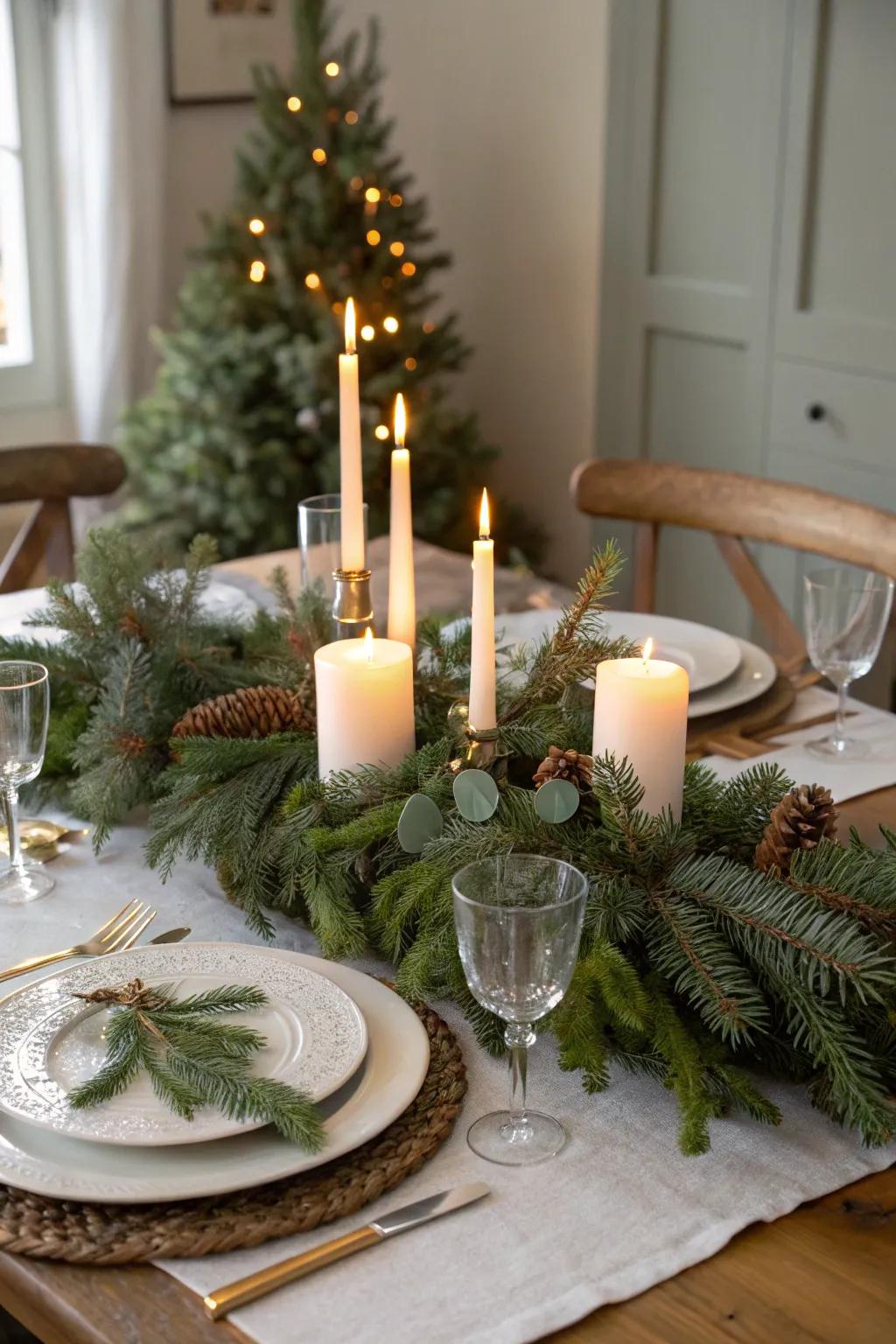 A festive eternal bloom focal point infuses refinement into the dining surface.