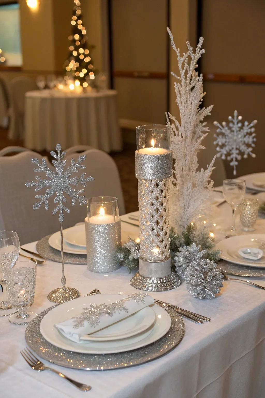 Elegant table arrangements for a festive winter eating experience.