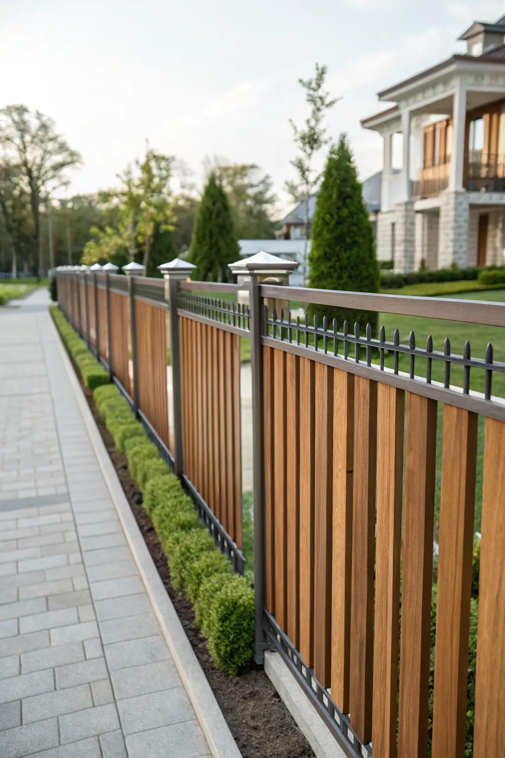 An elegant fence exhibiting perpendicular lumber boards and steel trimming.
