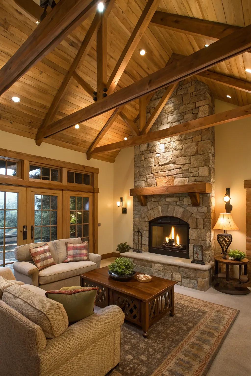 A comfortable living space featuring a hearth and wooden elements.