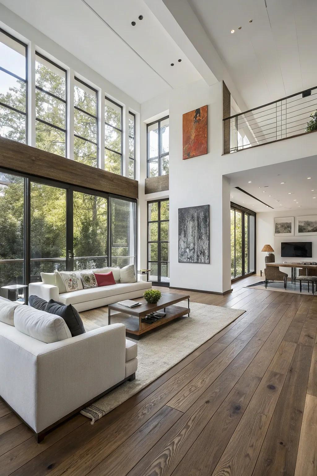 Contemporary space featuring broad plank wooden flooring.