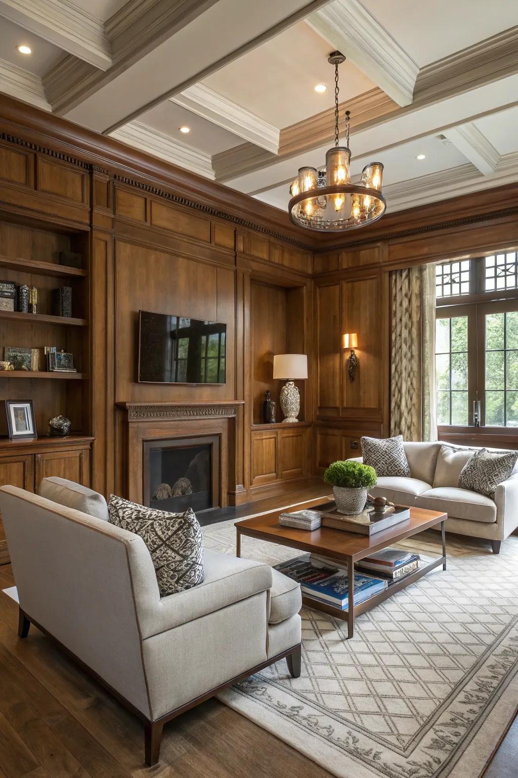 Uniting classic wood layering with modern decor generates a unique aesthetic.